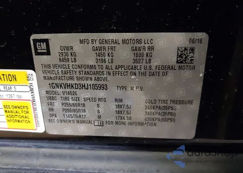 2017 Chevrolet Traverse 2Lt из США, поврежденный, VIN 1GNKVHKD3HJ105993